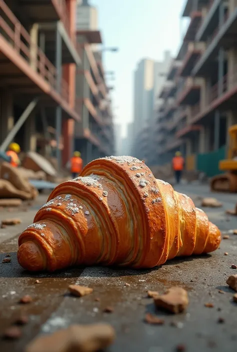 generate an image of a croissant on a construction sitr