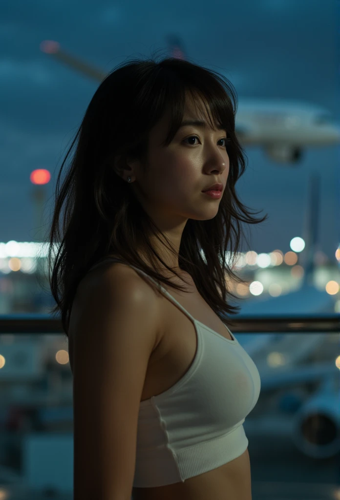 1 beautiful japanese woman, detailed facial features, dark long hair, wearing white tank top and mini skirt, observing planes taking off at night on airport observation deck, wind blowing through hair, highly detailed, photorealistic, 8k, ultra-detailed, r...