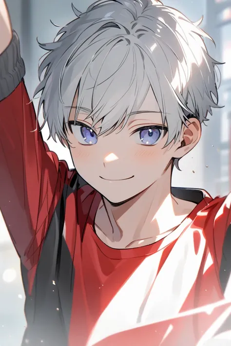 Make a handsome boy, white hair, blue with gray shade eyes, wearing a red t shirt with black lower, smiling ,age 25