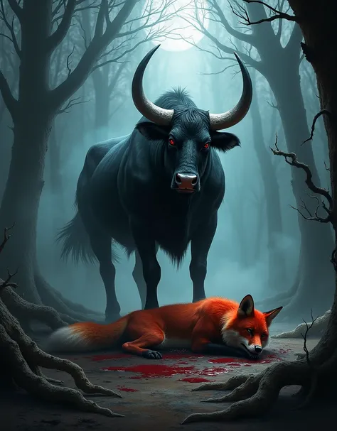 A fierce, black bull stands victorious in a dark, mystical forest, its muscular frame rippling with power. The bull’s inky fur gleams in the eerie, moonlit glow, while its sharp, bloodshot eyes reflect the raw intensity of the battle. Lying motionless on t...