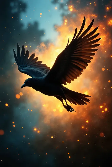 A majestic flying bird captured in silhouette, its outstretched wings displaying intricate, high-fidelity feather details that radiate elegance and grace. The bird glides through a surreal, softly glowing sky, leaving trails of translucent petals and shimm...