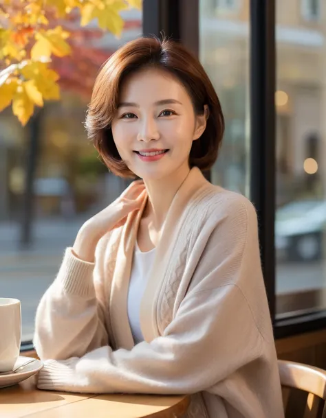  A beautiful Korean woman in her 50s ( Warm smile and charming gaze ),  Natural skin texture , Shoulder-length brown hair ,  Soft luxury sweater in pastel tones,  wears a light scarf around her shoulder.  warm lighting.  Coffee shop The garden outside the ...