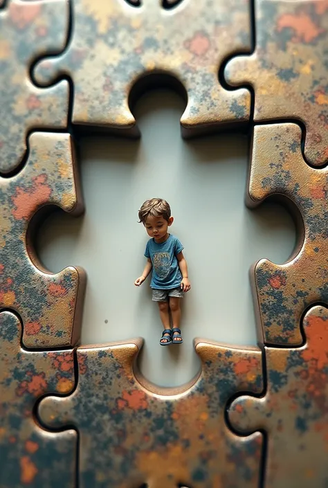 A picture of a puzzle with one missing piece, but the missing piece is a small human figure.