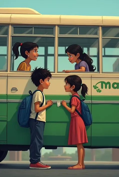 A boy is standing outside the bus and talking to a girl through the window of the bus and the boy wears a blue  bag and  pants  the bus colour was green and white the bus name is mahadevan 