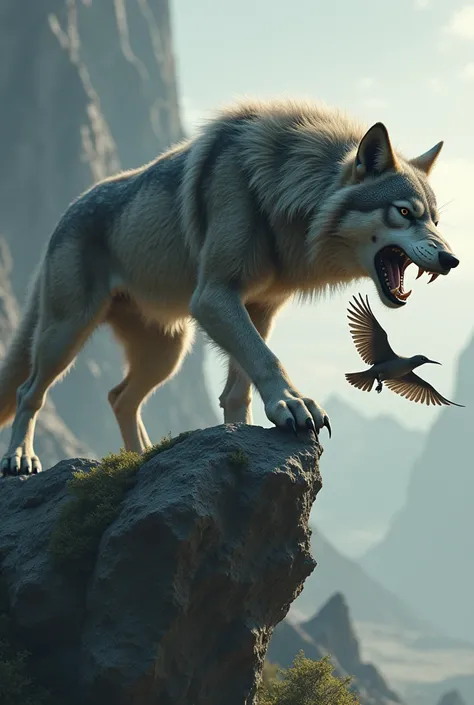 Wolf with his mouth open to try to catch a bird jumping off a rock trying to reach a bird 