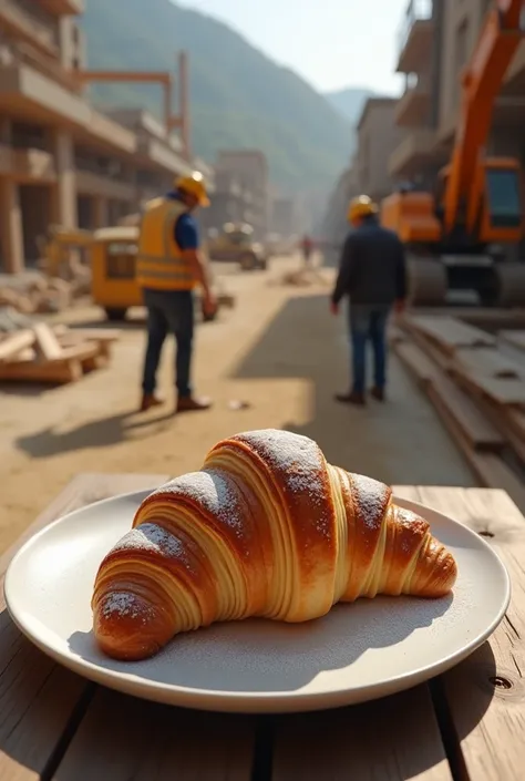 generate an image of a delicious croissant on plate ready to be eaten at a construction site