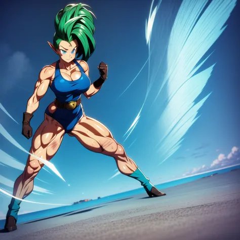 dbsuper style, 1
girl, captain mizuki, green aura, super saiyan's aura, belt, pointed ears, elf ears, ocean-green colored hair, ...