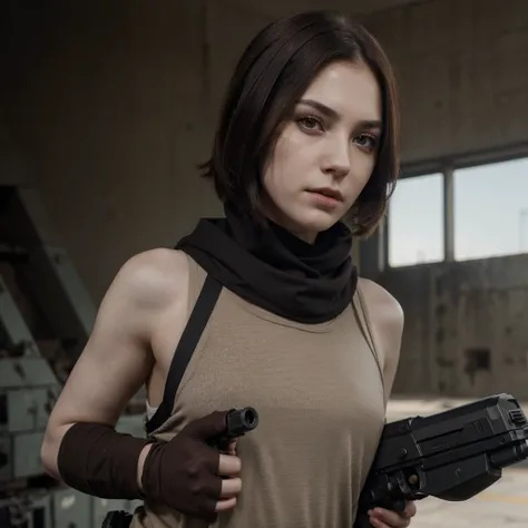 Pale skin woman, dark brown-short straight hair end on shoulders, dark brown eyes, scar on right eyebrow, more killing gaze, balaclava on mouth, soldier, military, gun in hands, gear, background explosion and destroy build, much realistic 