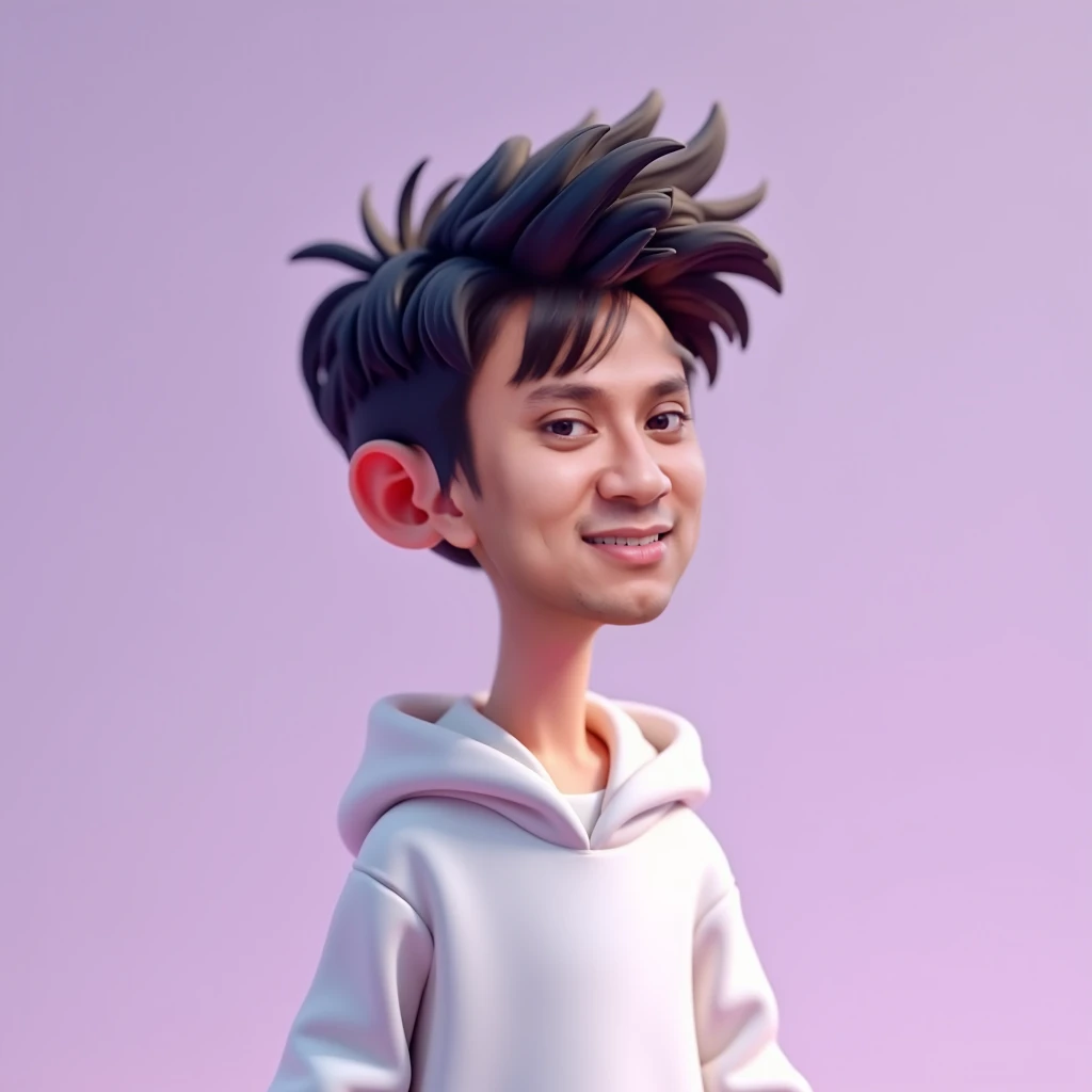 Create a portrait 3D character of a young man with a similar facial style to the reference image provided, petite body,big headfeaturing a smudge toon effect. The young man should be wearing a hoodie in a similar shade of white. The background should be a ...