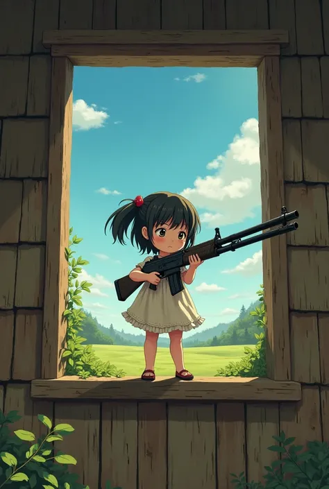 2D anime wooden house in the old style, a little cute girl looking completely naked from an open window with a six-barrelled machine gun in her hands, a one-sided English oil painting.