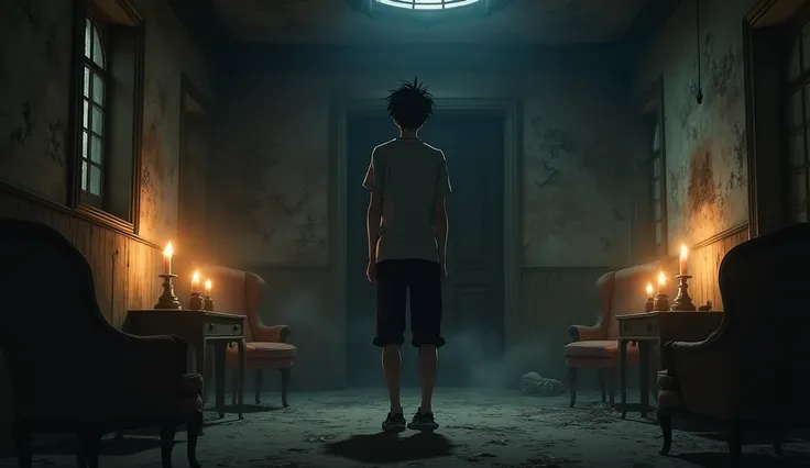 Inside the old, decaying mansion, an anime-style young man stands in a dark, eerie room, where he has lit several oil lamps or candles. The soft flames flicker, casting long shadows across the cracked walls and dusty furniture. The man, in casual anime clo...