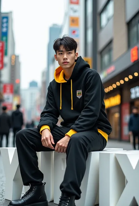 A 8K HD photo of a handsome korean man aged 28 ,wearing cool hoodie black mix yellow,black long trousser ,looking camera and the man sitting on a 3d white text block that says "yuwa_zenix" at pedestrian street at morning ,real photos . The photo is taken f...