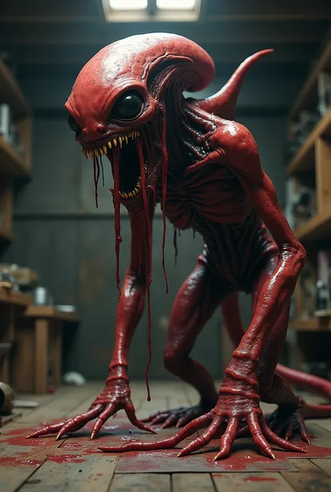  an eerie red-black alien that emits filiform mucus over a wide area like object x from a planet、Inside a large wooden workshop 、 Facing Front、 with its mouth wide open to show its fangs 