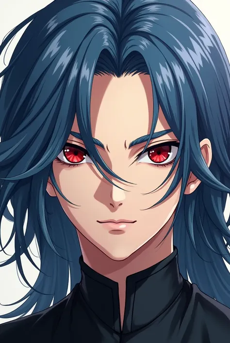 An anime-style man with long blue hair and dark red eyes