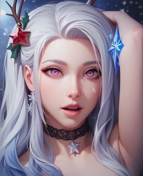 (masterpiece, best quality:1.2), (absurdres,  highres icon, ultra-detailed), (perfect anatomy), 
 pretty girl  、dog 、Personification 、 Silver Hair、  Fluffy Long Hair 、 Snowflakes  、Pink Eyes、night、Background sparkle、 Christmas、

(8k, RAW photo:1.2),detaile...