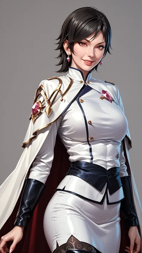 score_9, score_8_up, score_7_up, score_6_up, cowboy shot,anime style, smile,semi-realistic, Julia Bloodstone, 1girl, mature female, black hair, short hair, red eyes, earrings, lips, white uniform, miniskirt, black pantyhose, thigh boots, white cape, transp...