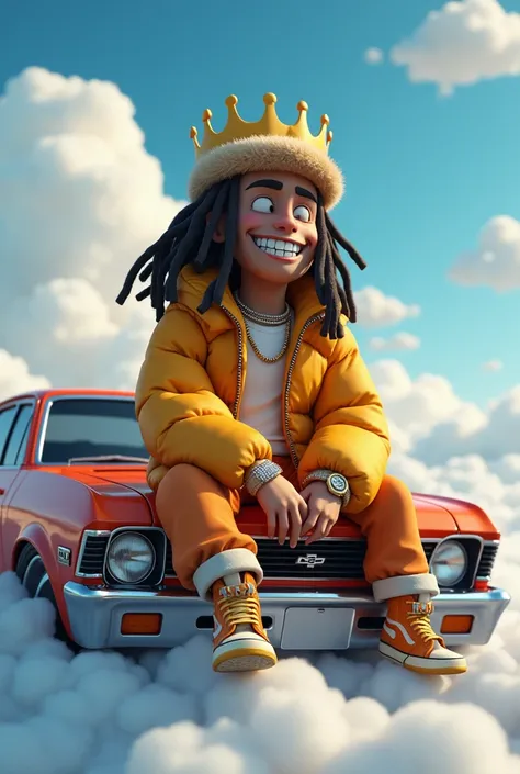 In a whimsical Disney-Pixar meets Adventure Time fusion, portrait 4k resolution 120 frames per second panoramic 360 degree shot:

design a 3D Cloud character with dreadlocks, his smiles glistens with diamond teeth, his watch is rolex, his shoes are jordans...