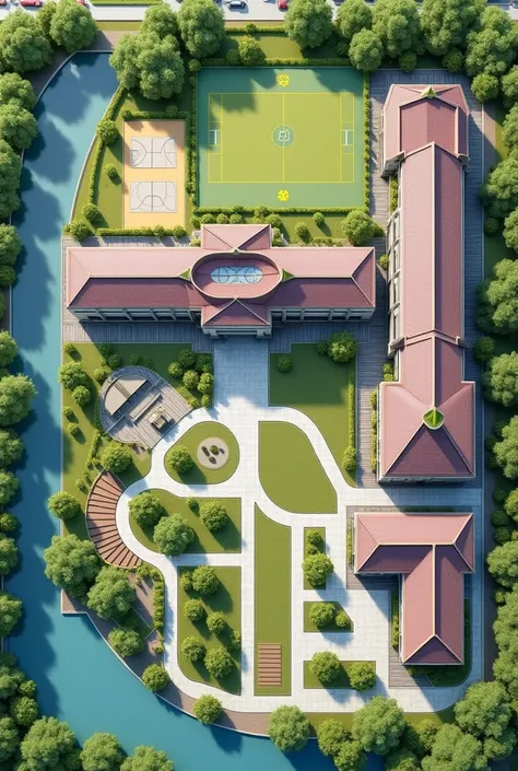 9.8 hectare top view floor plan of big campus school with parking, gym, way of cars inside, water feature, oval for sports