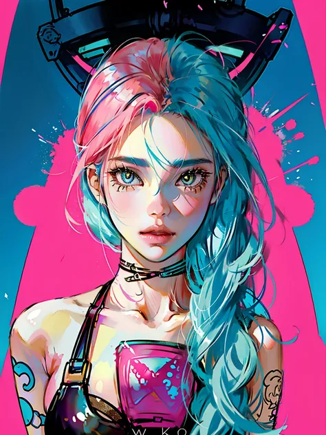  girl with pink and blue hair, soda,  inspired by 90s anime,  cyberpunk city , praise,  colorful , A stray cat and a woman, Pink Hair,  blue hair