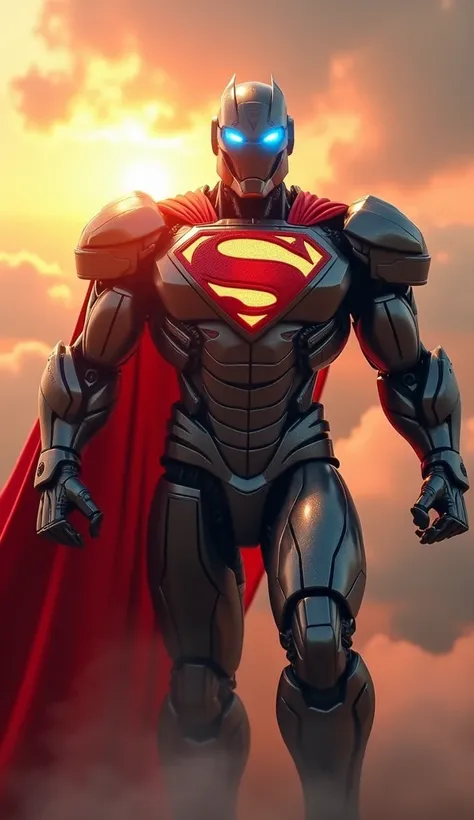 A powerful, cinematic hybrid of Superman and a fighter jet soaring through the sky during a dramatic sunset. This combination combines Supermans iconic physique with the mechanical precision of a fighter jet. This hybrid has a muscular, armored body with a...