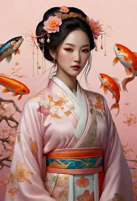 Prompt:
"An elegant fantasy artwork featuring a young woman wearing a traditional chinese hanfu costume with intricate patterns and soft colors. Her hair is adorned with vibrant koi fish in shades of gold and orange, seemingly floating around her, surround...