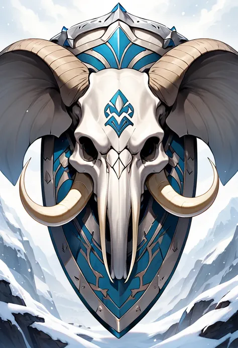 winter tribal fantasy shield bone-like, with a elephant anatomically correct skull with long tusks in the center, prespective from frontwards
