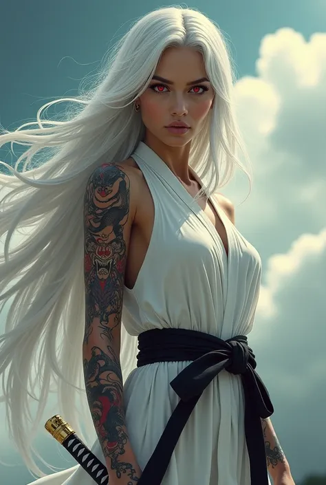 A hyper-realistic depiction of a fierce and striking woman with long, flowing white hair. Her piercing red eyes radiate intensity, and her expression is calm yet intimidating. She is dressed in a sleeveless white robe, tied with a black sash, exposing deta...