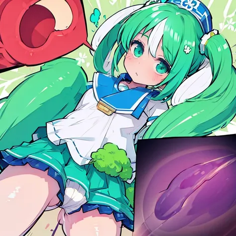 Sweet  Loli ， turquoise, three ponytails and soft clothes， vegetable garden plants. Clover anthropomorphic 