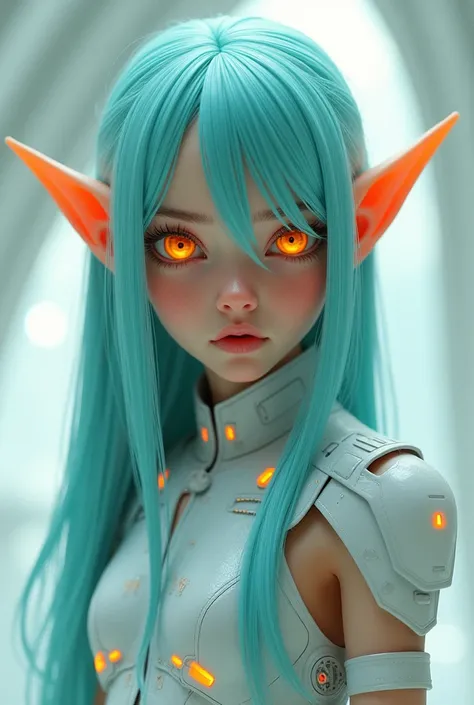 15-year-old elf in a futuristic outfit , , her hair is straight, light turquoise and her eyes are orange 