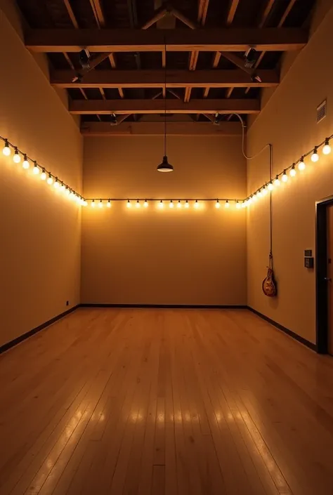 Real music rehearsal room with and without instruments  , without people and without instruments with light bulbs 