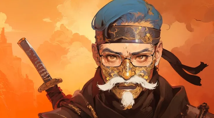 masterpiece:1.2, best quality, ultra detailed, samurai, glasses, ghost of tsushima, samurai mask, gold mask with mustache, detailed armor, intricate sword, dramatic lighting, cinematic composition, mist, dramatic sky, vibrant colors