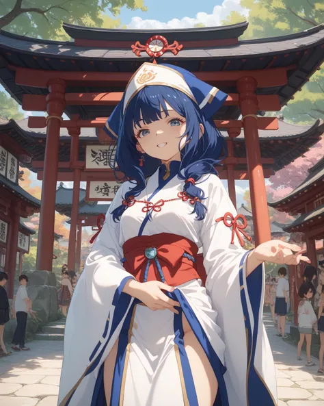 masterpiece、 High Quality 、 1 girl、 blue hair 、((public))、((Shrine grounds)) 、(Red Priestess Costume)、