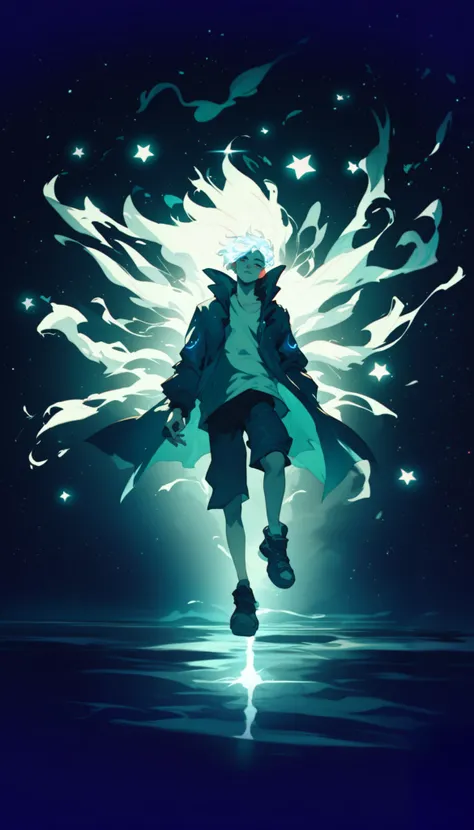 A heroic figure with flowing white energy erupting skyward, their silhouette sharp against a starry expanse, wearing modern casual clothes, illuminated by cosmic light, surreal, vibrant, high detail, (boy), (white glowing hair)