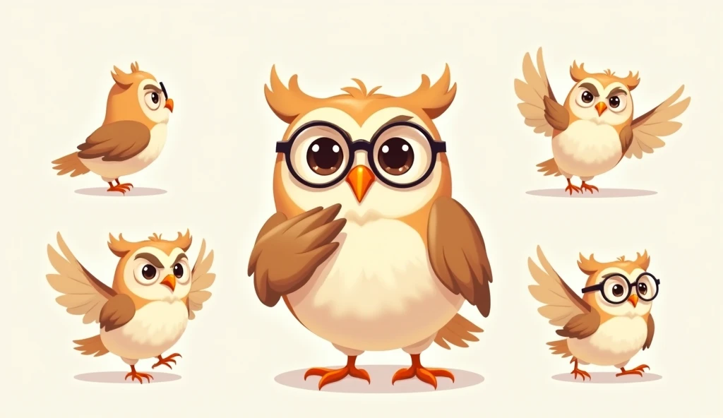 A cartoon-style large, wise owl with round glasses, performing seven different actions: greeting, feeling joyful, walking, flying, spreading its wings, sitting on a tree, and a back view pose. Each action is depicted in a simple, colorful, and playful cart...