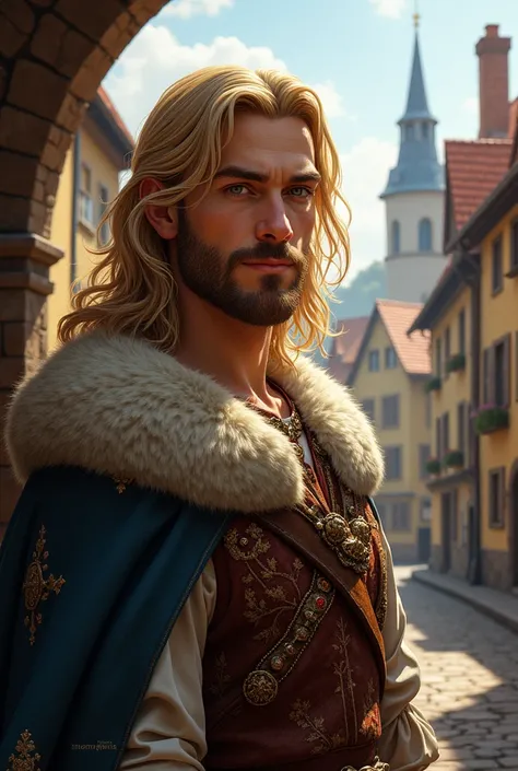 Picture a medieval blond aristocrat. Do the hair with long hair, Keep the beard short and set the background to a medieval town