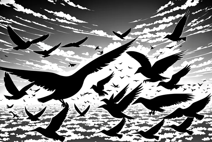 Flying Birdman Silhouettes, gigantic breast, side view, monochrome