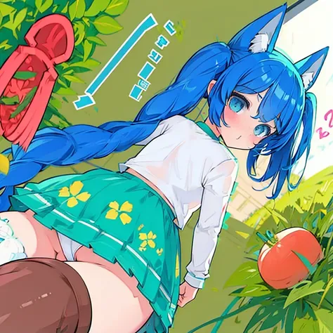 Sweet  Loli ， turquoise, three ponytails and soft clothes， vegetable garden plants. Clover anthropomorphic ,pussy