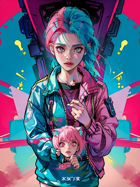  girl with pink and blue hair, soda,  inspired by 90s anime,  cyberpunk city , praise,  colorful , A stray cat and a woman, Pink Hair,  blue hair