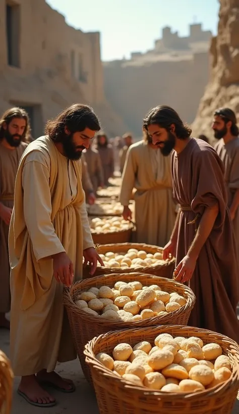 Jesús y los discípulos recogiendo los restos:
"A hyper-realistic scene of Jesus and the disciples gathering the leftover bread and fish into large baskets. The crowd is dispersed in the background, and the focus is on the abundance of food that remains. Ve...