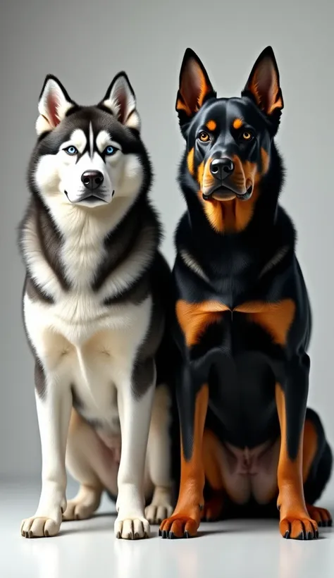 Siberian Husky side by side with an ultra realistic rottweiler 