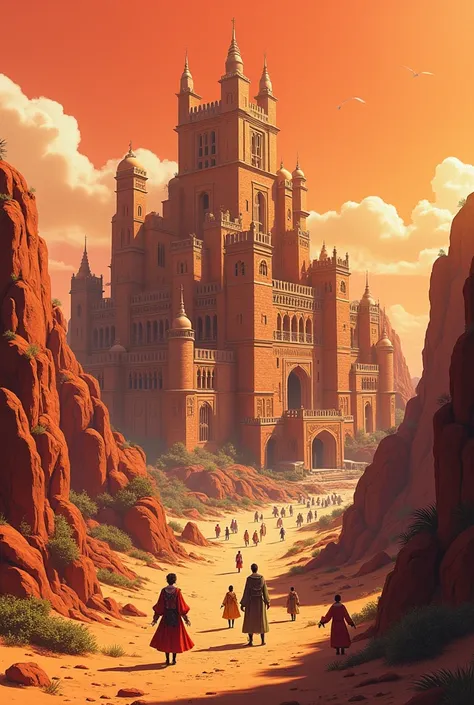 Anime style. Orange brick castled city. In the middle of a dark orange desert. 