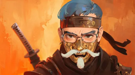 masterpiece:1.2, best quality, ultra detailed, samurai, glasses, ghost of tsushima, samurai mask, gold mask with mustache, detai...