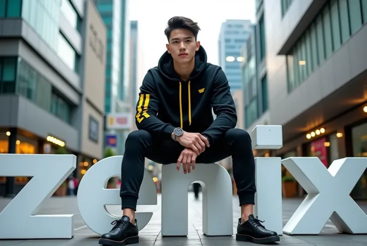 A 8K HD photo of a handsome korean man aged 28 with athletic body ,wearing cool hoodie black mix yellow,black long trousser ,looking camera and the man sitting on a 3d white text block that says "zenix" at pedestrian street at morning ,real photos . The ph...