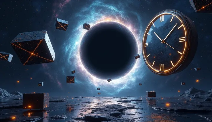  Create an image for a YouTube thumbnail about a documentary entitled Dimensions:  Beyond Reality .  The scene should show :
	 • A dark background full of stars and nebulas .
	 • A black hole in the center .
	 • Geometric figures such as cubes , hypercubes...