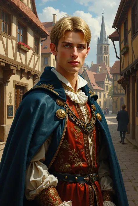 Picture a medieval blond aristocrat.  the beard should be short, and the background should be a medieval town