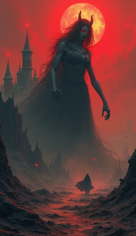 Dark, fantasy, Abandoned castle, destroyed castle, far away, sad tone, barren land, small embers in air, red sky, war torn, battlefield, swords in ground. Giant demon lady feasting, hopeless