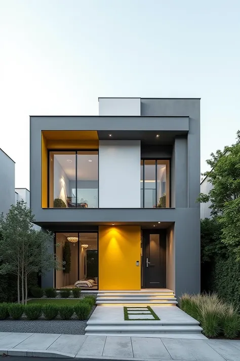 a modern house, main color is gray white with light yellow house decoration