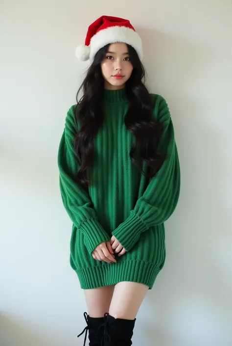 "K-pop style women&#39;Realistic images、       Korean Beauty       , length, Wavy black hair.  White wall background、  wears a green long sleeve high neck sweater 、 presents  、  green miniskirt    、      She has lots of Christmas    、Full body image of me ...