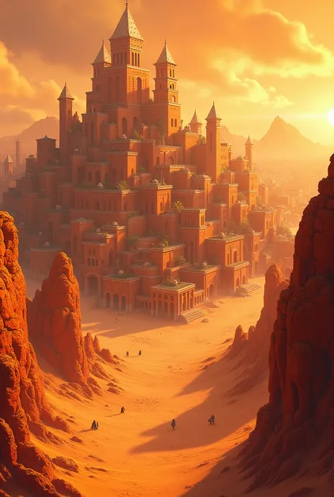 Anime style. Orange brick walled city. In the middle of a dark orange desert. 