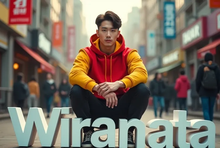 A 8K HD photo of a handsome korean man aged 28 with athletic body ,wearing cool hoodie red mix yellow,black long trousser ,looking camera and the man sitting on a 3d white text block that says "Wiranata" at pedestrian street at morning ,real photos . The p...